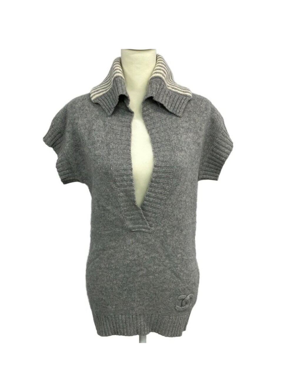 Chanel Short Sleeve Sweater Sports Gray Ivory